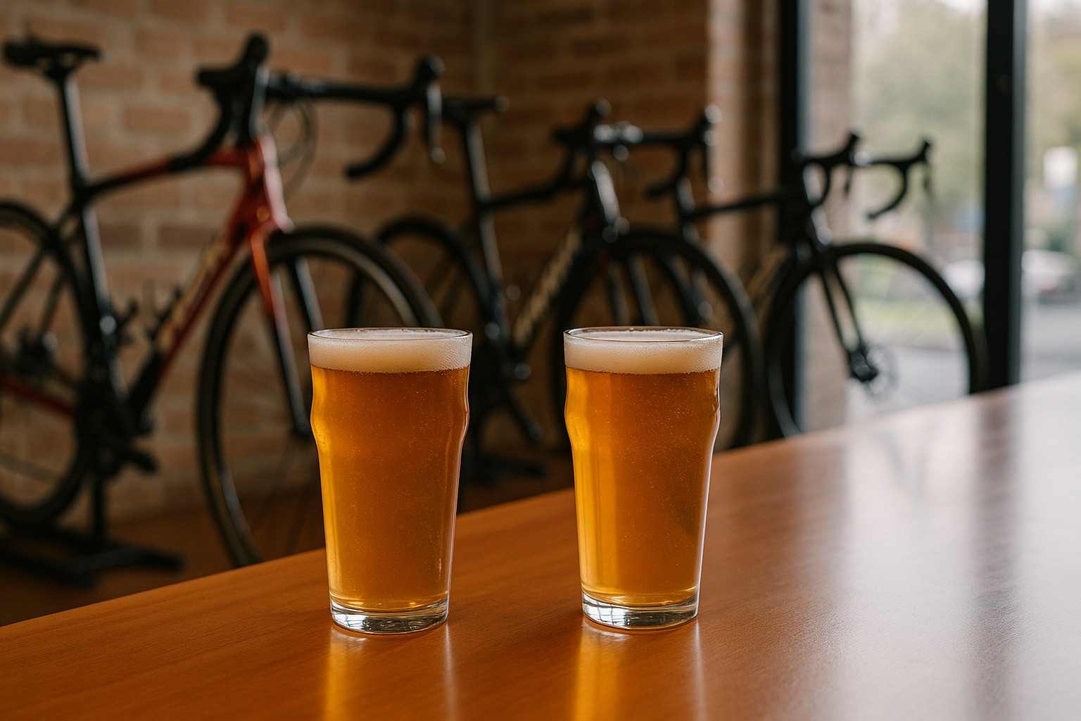 two craft beer pints on a bar with bikes in the background